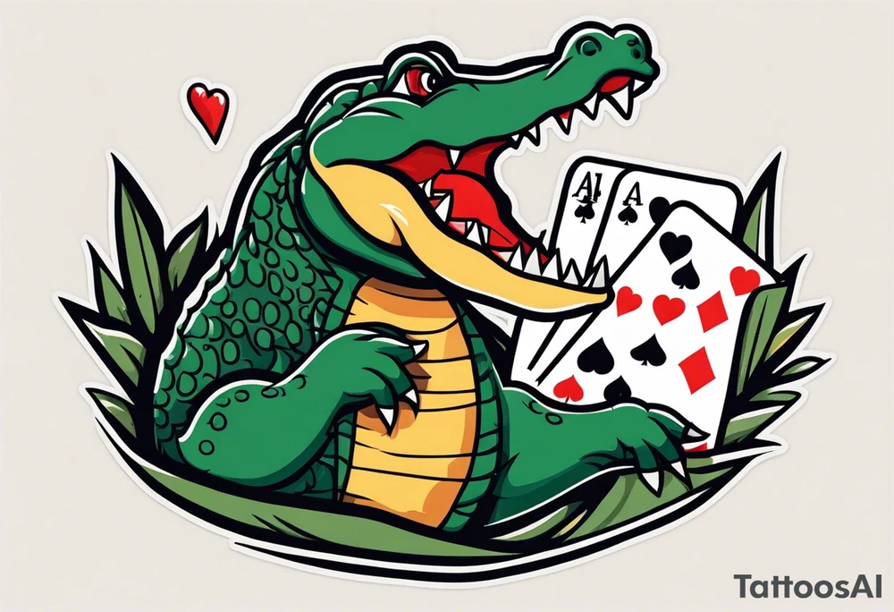 Alligator biting hand with a poker card that has 2 of spades in it tattoo idea