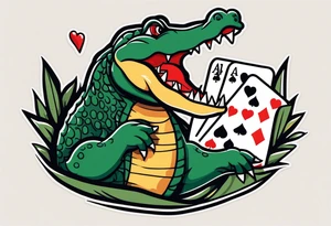 Alligator biting hand with a poker card that has 2 of spades in it tattoo idea
