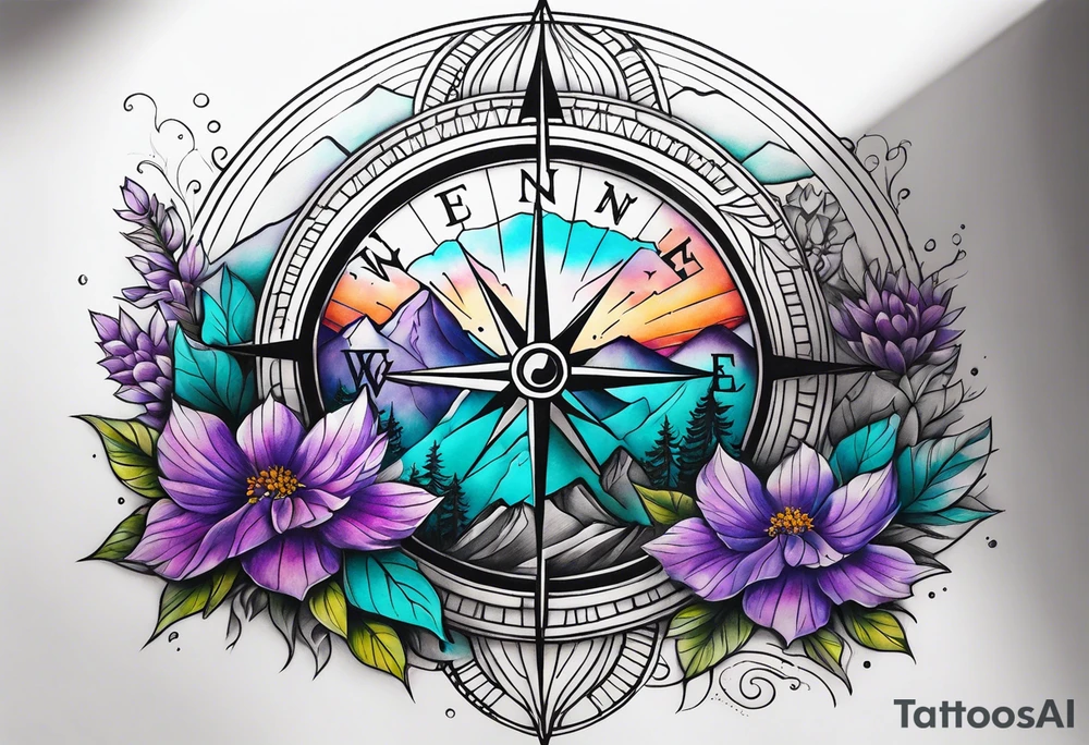 Compass rose rising like a sunrise behind a mountain. In front of the mountain, there are teal and purple flowers. Tattoo is half sleeve on the shoulder tattoo idea