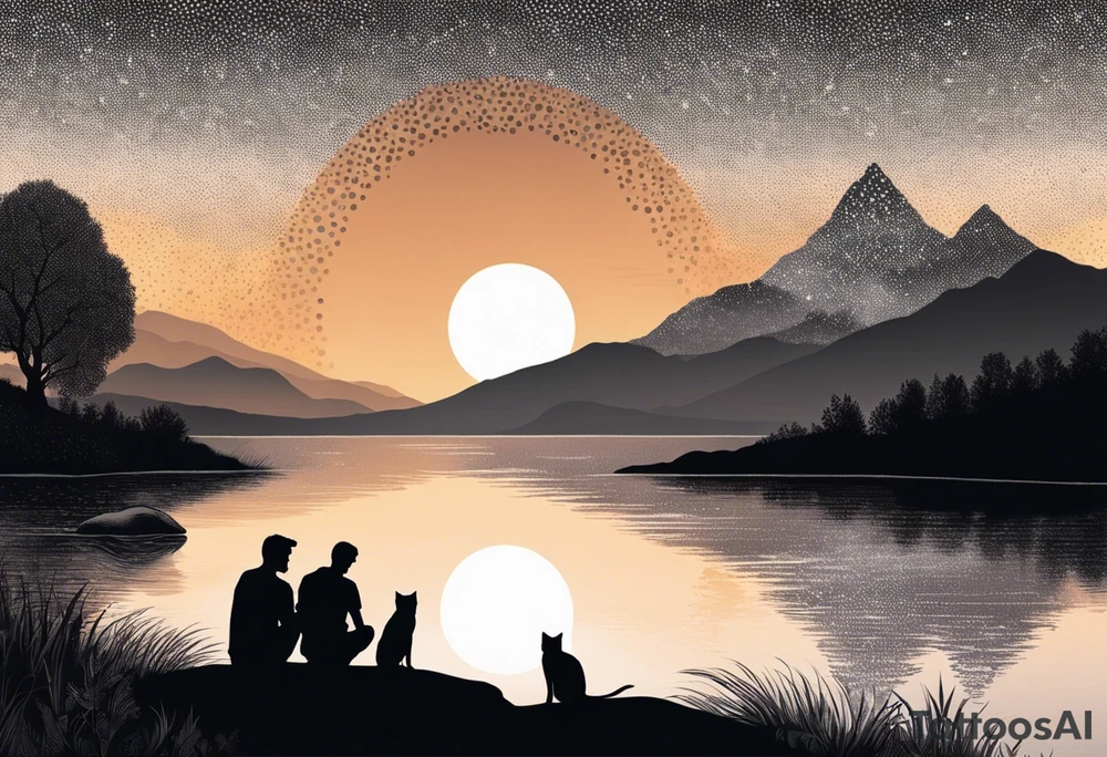 nature, sunset, mountains, a father and son sitting with their dog and cat 
by the water tattoo idea