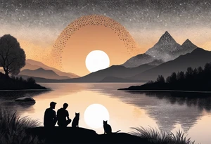 nature, sunset, mountains, a father and son sitting with their dog and cat 
by the water tattoo idea