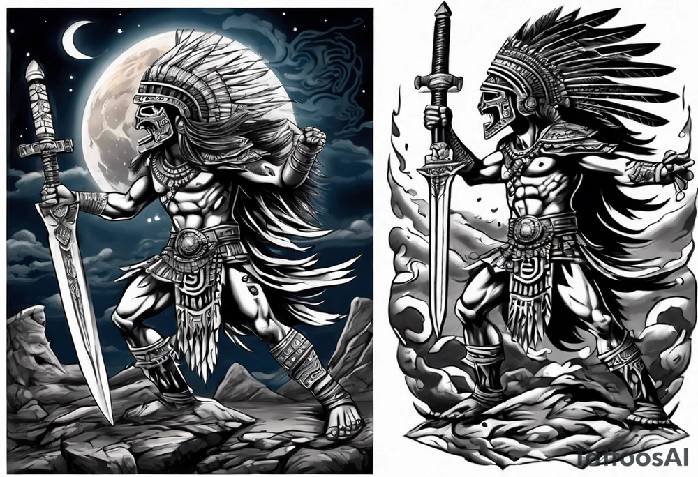 Aztec warrior with a spiked obsidian sword fighting against the god of death at night with moonlight skies tattoo idea