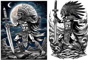 Aztec warrior with a spiked obsidian sword fighting against the god of death at night with moonlight skies tattoo idea