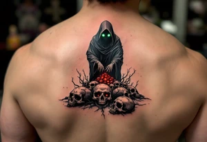 A black-and-gray Reaper with deep green eyes standing atop a pile of glowing red skull tattoo idea