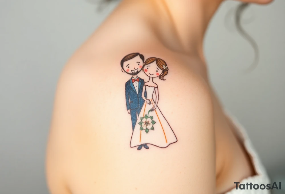 A softly shaded vintage-style illustration of a bride and groom, with sepia tones for an old-world charm tattoo idea
