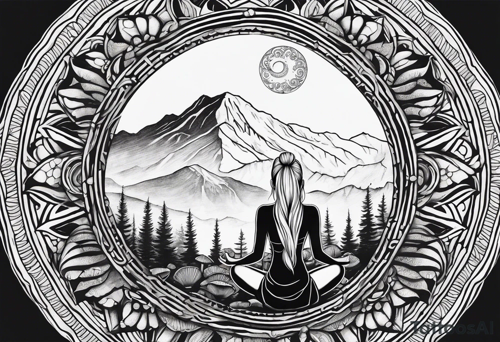 Straight blonde hair girl meditating facing away toward mountains surrounded by mushrooms crescent moon mandala circular design black and white striped dress tattoo idea