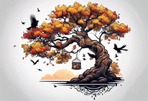 oak tree with finch birds tattoo idea