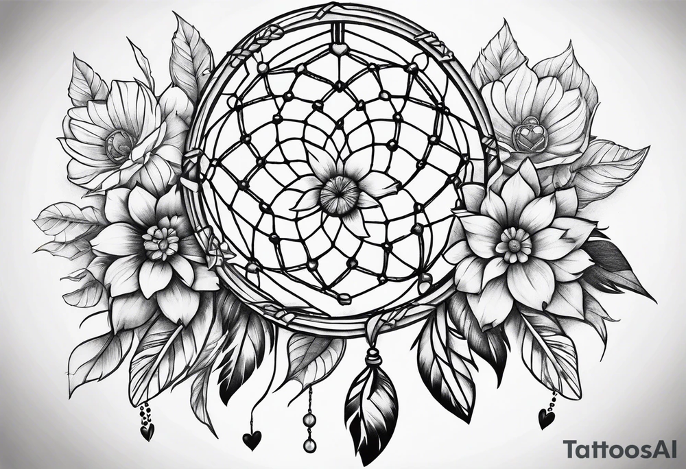 Dream catcher with hearts and flowers tattoo idea