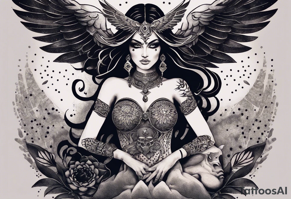 black kali, goddess pirate, alien, angel, pachamama, valkrye, warrior, flying, skull, lotus azul, wing, eagle, zenza resonance, stars, 5D, anahata chakra, death, durga, riding on a tiger, flying lady, chest tatoo tattoo idea