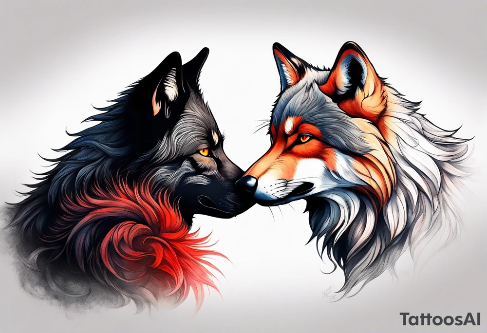Black wolf and red fox nuzzling tattoo idea