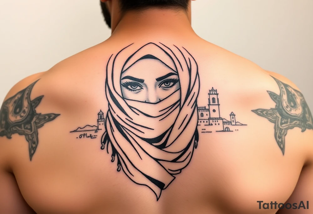 Arab woman with scarf over face with el paso tx culture in background tattoo idea