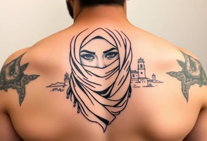 Arab woman with scarf over face with el paso tx culture in background tattoo idea