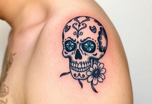 Masculine sugar skull with diamond gemstone eyes and daisy around the skull tattoo idea