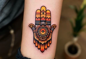 A desert-toned Hamsa in warm shades of terracotta, orange, and brown, reflecting the sacred energy of the earth. tattoo idea