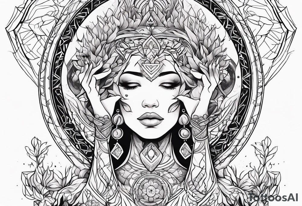 Woman , hands above her head, holding womb of creation tattoo idea