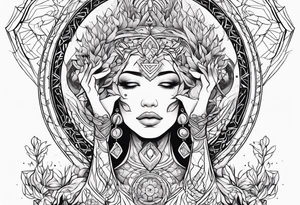 Woman , hands above her head, holding womb of creation tattoo idea