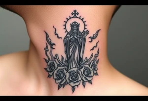 Santa muerte rising out of smoke surrounded by broken bones and roses tattoo idea