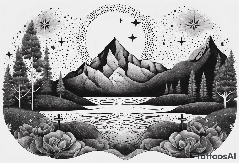 nature with mountains, waterfall, water, and a cross in the background and and moon/sun in the sky with stars tattoo idea
