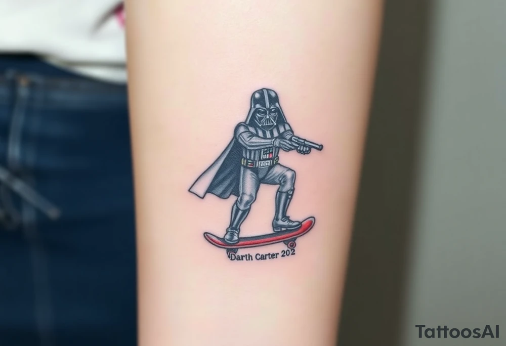 Darth Vader skateboarding with gun> bullets > memorial > god > colors > futuristic 
add name "Darth Carter" on skateboard
add date in loving memory 12/29/88-01/06/24 tattoo idea