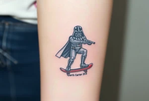 Darth Vader skateboarding with gun> bullets > memorial > god > colors > futuristic 
add name "Darth Carter" on skateboard
add date in loving memory 12/29/88-01/06/24 tattoo idea