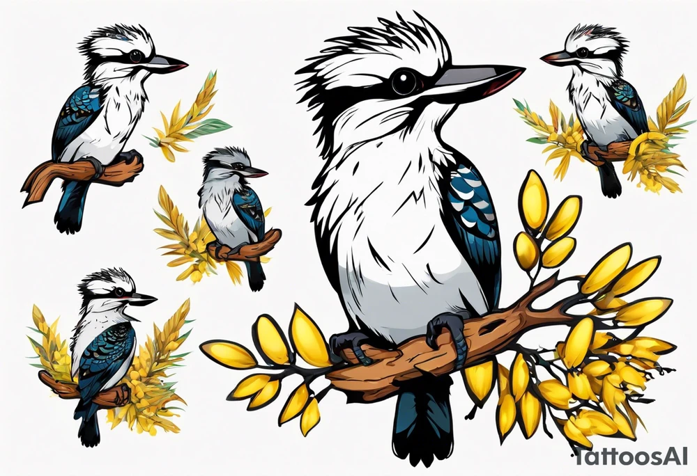 kookaburra sitting on wattle leaves tattoo idea