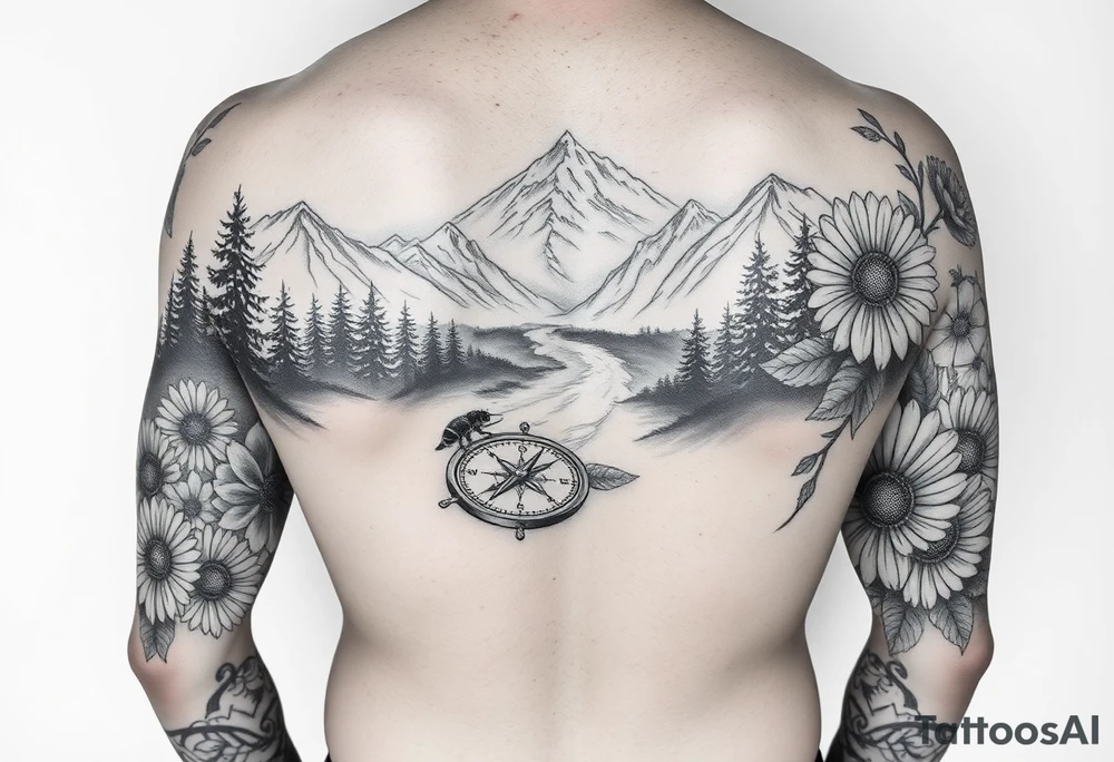 black and white full-sleeve tattoo realistic nature landscape majestic river flowing down bright mountains trees, daisies, chrysanthemums a real bee on one flower a large compass on the forearm tattoo idea
