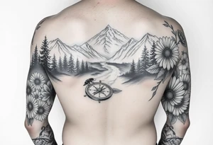 black and white full-sleeve tattoo realistic nature landscape majestic river flowing down bright mountains trees, daisies, chrysanthemums a real bee on one flower a large compass on the forearm tattoo idea