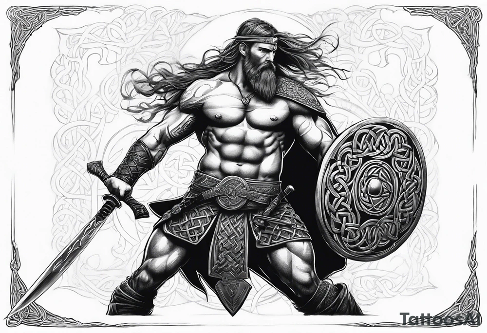 Side full body shot of Celtic warrior with sword and axe. tattoo idea