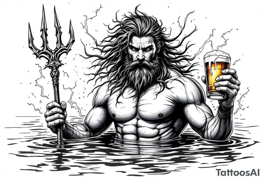 young, fit poseidon in calm water, holding a trident, holding a beer, with lightning tattoo idea