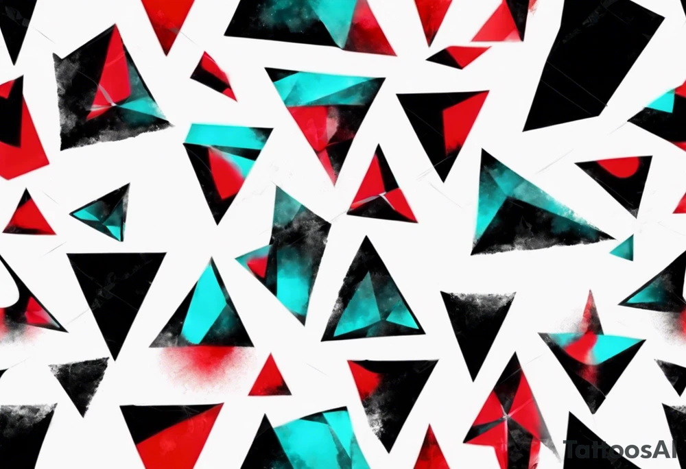 Modern and futuristic, triangular prism light reflection, black, red and cyan, acquarel, abstract, geometric, fractal chaos tattoo idea
