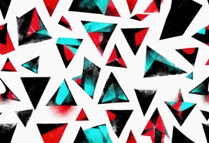 Modern and futuristic, triangular prism light reflection, black, red and cyan, acquarel, abstract, geometric, fractal chaos tattoo idea