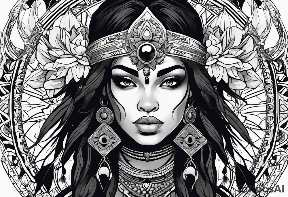valkrye, kali, pirate, african goddess, , warrior, native american, lotus, zenza resonance, skulls, dragon, pachamama, left side face, chest, right wing, tattoo idea