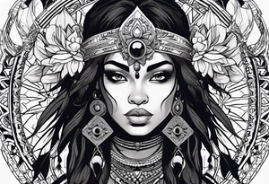 valkrye, kali, pirate, african goddess, , warrior, native american, lotus, zenza resonance, skulls, dragon, pachamama, left side face, chest, right wing, tattoo idea