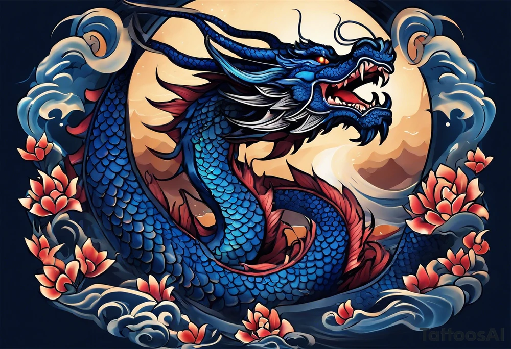 An epic floating asian dragon. Its long body coiling dynamically, with scales and horns detailed to create a sense of movement and strength. The dragon's main color is midnight blue, giving a vibrant depth and a mystical aura. This tattoo highlights the dragon’s fierce expression and sharp claws. tattoo idea