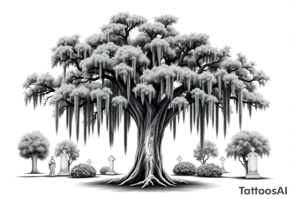 Laurel oak with Spanish moss in a cemetery tattoo idea