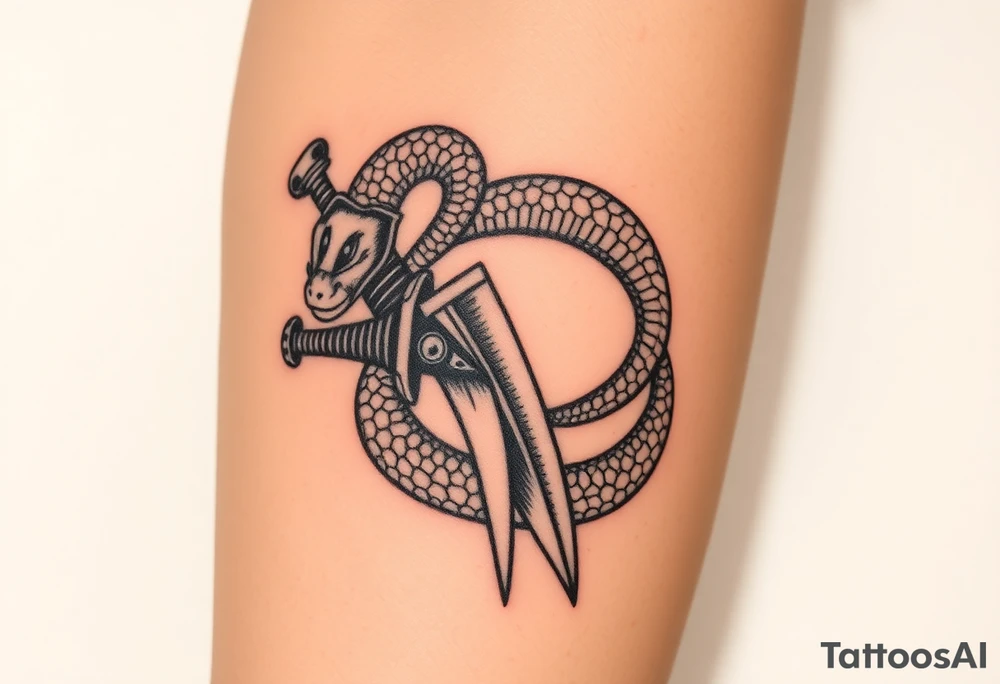 mystical snake coiled around an ancient dagger with jeweled hilt make it BIG tattoo idea