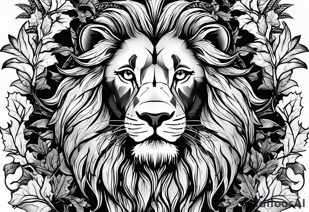 The lion of Judah, which is Jesus Christ, is tied and intertwined within a maple tree. tattoo idea