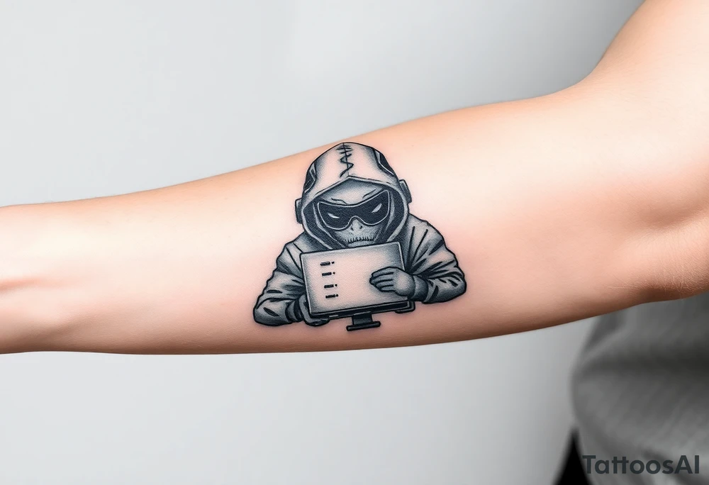 Tattoo for the top side of the forearm, black and gray, flash, hacker computer tech tattoo idea