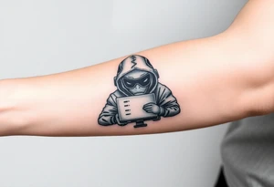Tattoo for the top side of the forearm, black and gray, flash, hacker computer tech tattoo idea