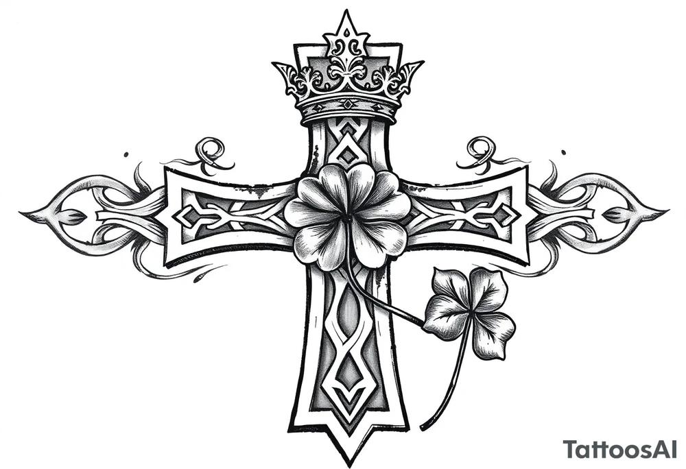 a celtic cross with a crown and a clover tattoo idea