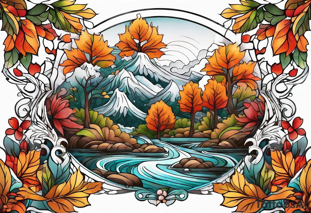 Front knee tattoo with fall colors, flowers, leaves, water flow tattoo idea