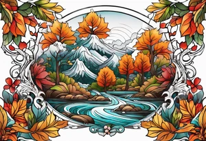 Front knee tattoo with fall colors, flowers, leaves, water flow tattoo idea