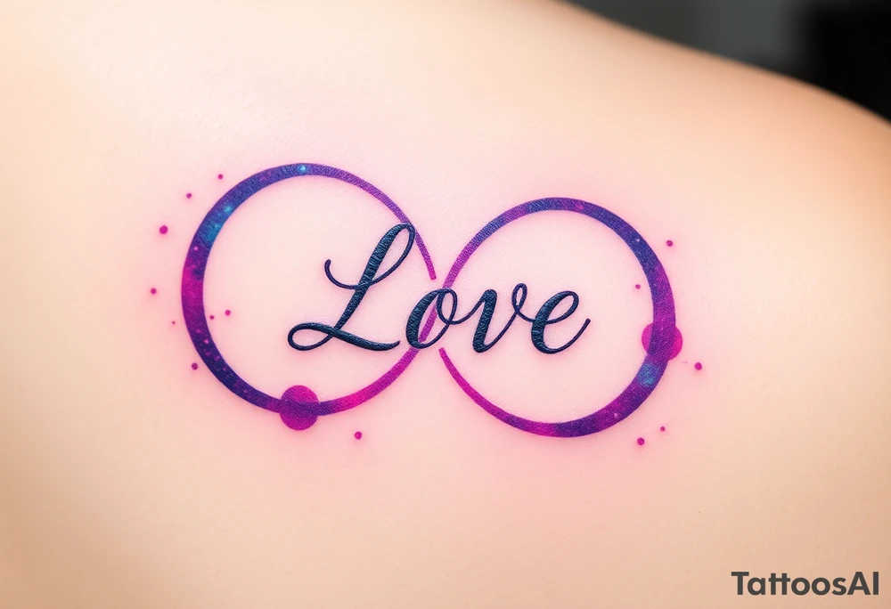A galaxy-inspired infinity symbol in shades of purple, blue, and pink, with "Love" appearing in a shimmering, ethereal script. tattoo idea