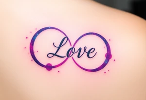 A galaxy-inspired infinity symbol in shades of purple, blue, and pink, with "Love" appearing in a shimmering, ethereal script. tattoo idea