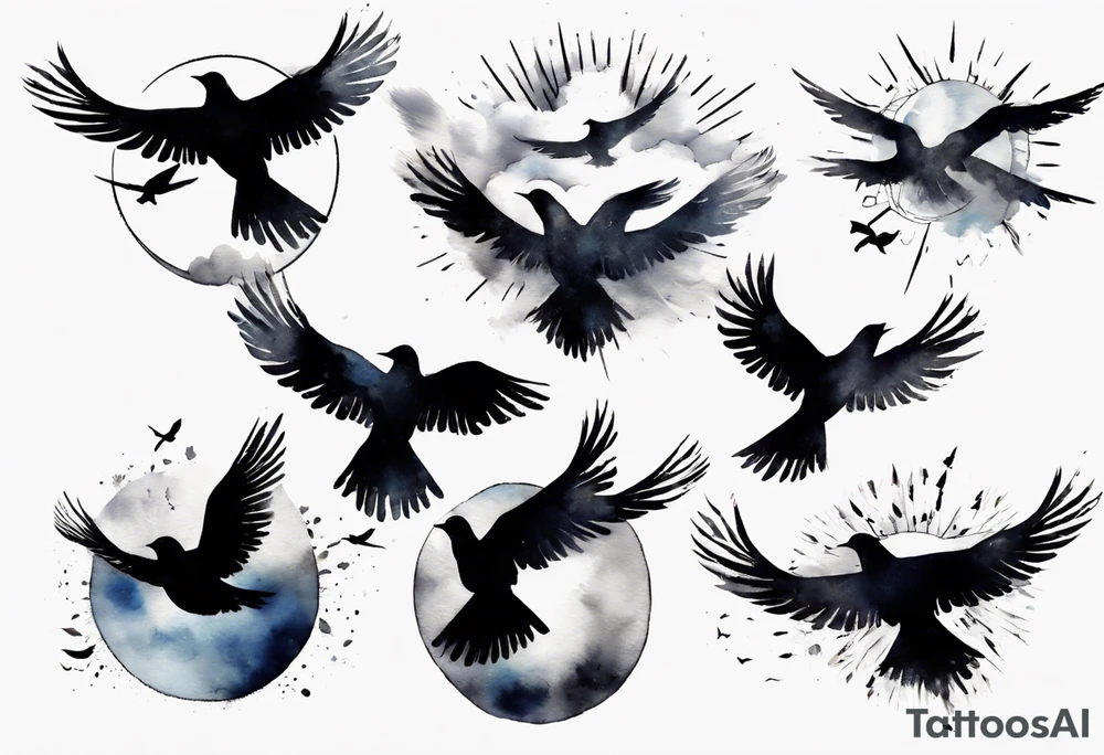 shoulder tattoo with light rays with birds flying free among the clouds, round shape, 3d effect tattoo idea