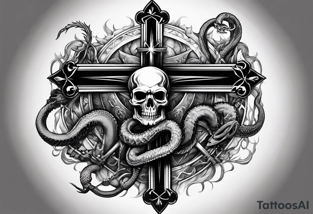 show a dead serpent, and dead scorpion both crushed by a crucifix/cross tattoo idea