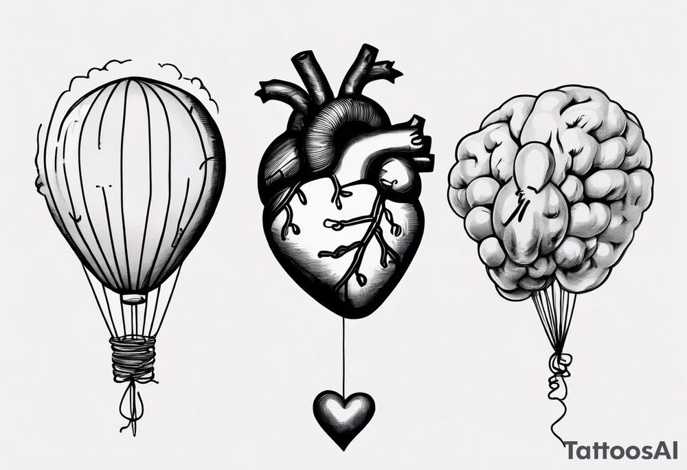 Woman's hand holding balloons tied to string, balloons in shape of anatomical heart and an anatomical brain tattoo idea