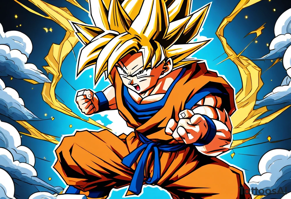 paint son goku as a super saiyajin 2, doing a kamehameha. sourround him by his friends and his family. all of them are displayed as a papercut tattoo idea