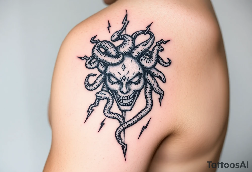 female Medusa Head containing snakes and surrounded by lightnings in sketch style, black color and on the outer forearm tattoo idea