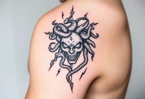 female Medusa Head containing snakes and surrounded by lightnings in sketch style, black color and on the outer forearm tattoo idea